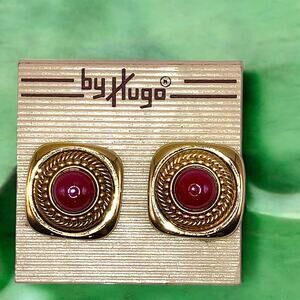 by Hugo Red Glass Gold-Tone Clip-On Earrings Vintage!